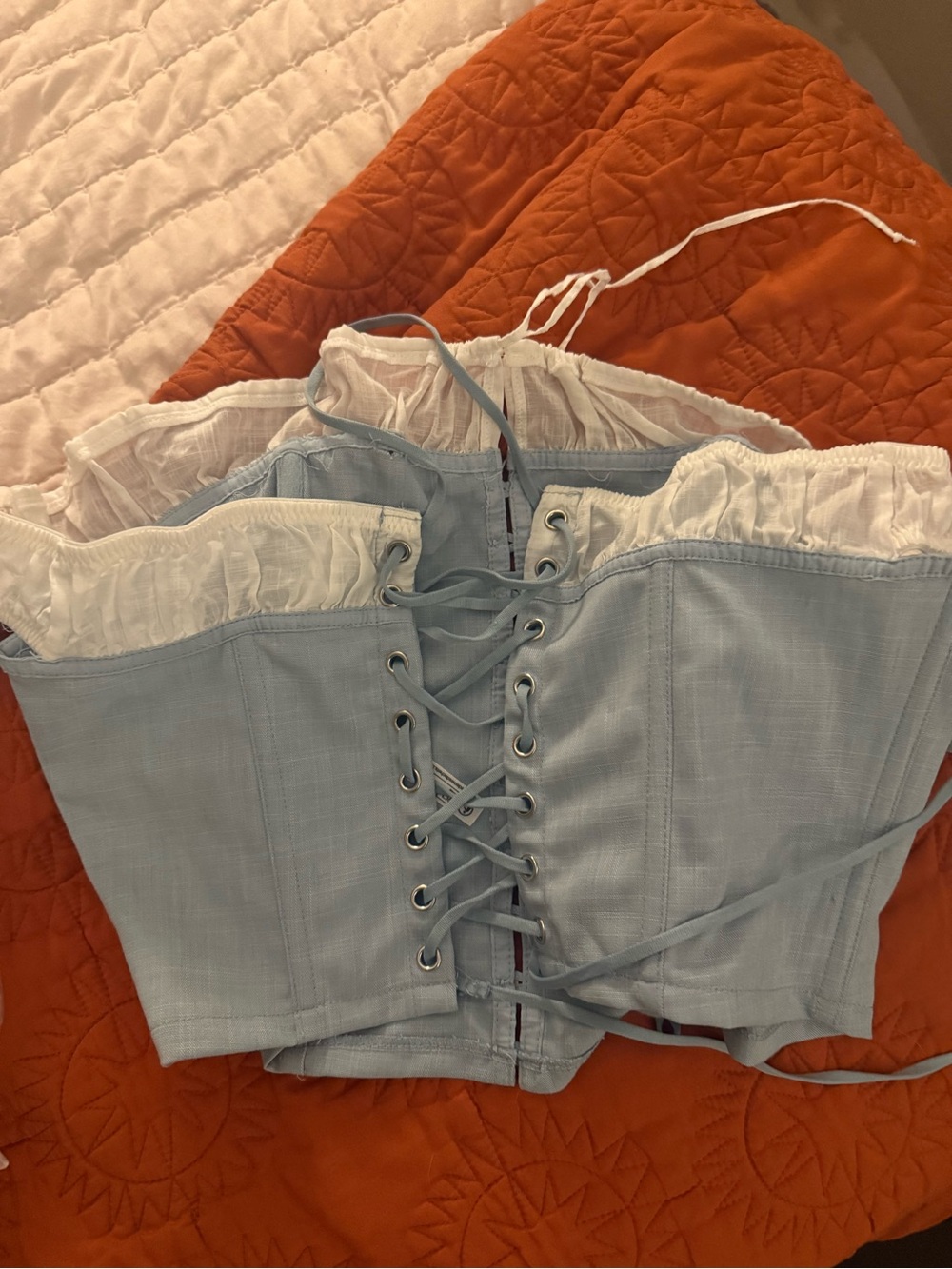 Light Blue Lace-Up Corset Top with White Ruffle Trim- urban outfitters